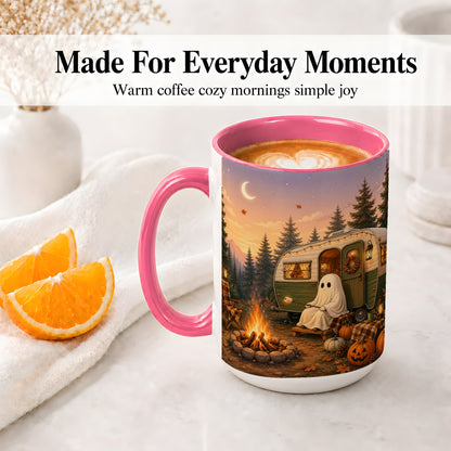 #pl[15oz|Pink] Autumn Camping Ghost Ceramic Mug, Camper Campfire Art for Campers