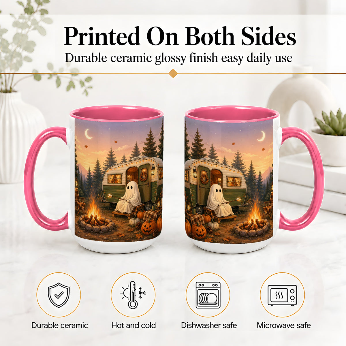 #pl[15oz|Pink] Autumn Camping Ghost Ceramic Mug, Camper Campfire Art for Campers