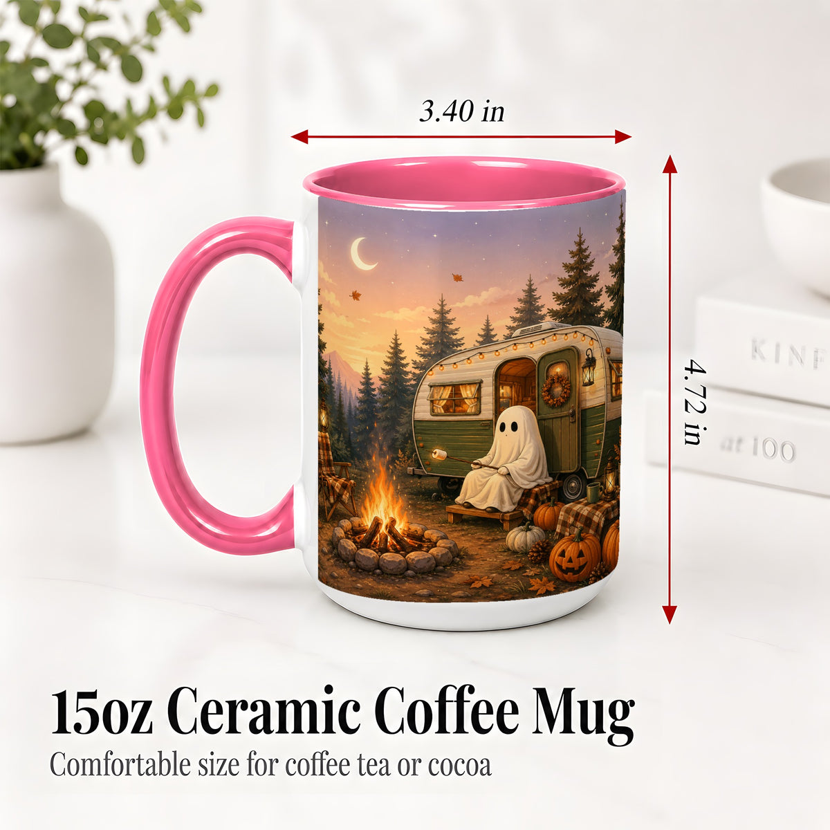#pl[15oz|Pink] Autumn Camping Ghost Ceramic Mug, Camper Campfire Art for Campers