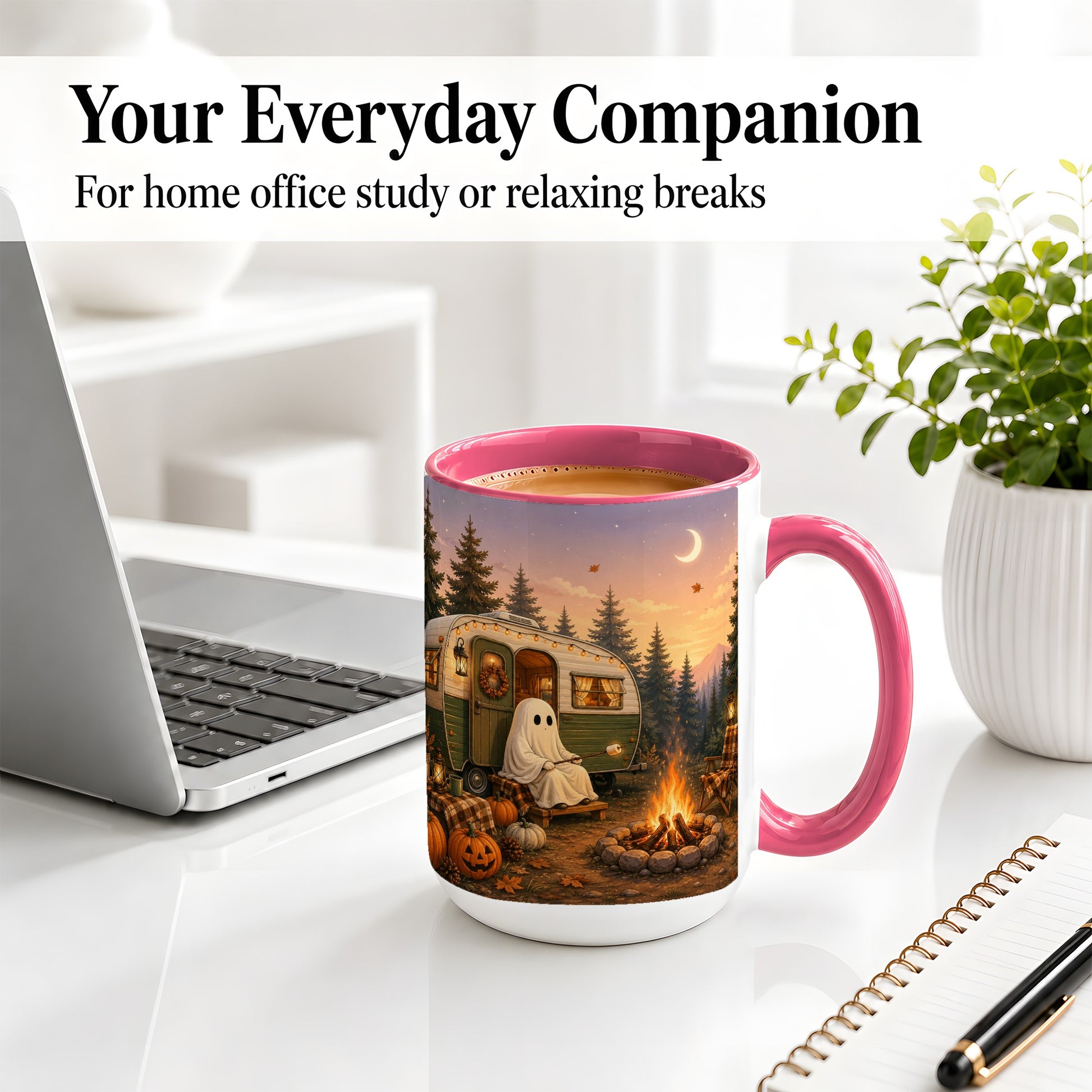 #pl[15oz|Pink] Autumn Camping Ghost Ceramic Mug, Camper Campfire Art for Campers