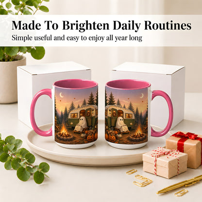 #pl[15oz|Pink] Autumn Camping Ghost Ceramic Mug, Camper Campfire Art for Campers
