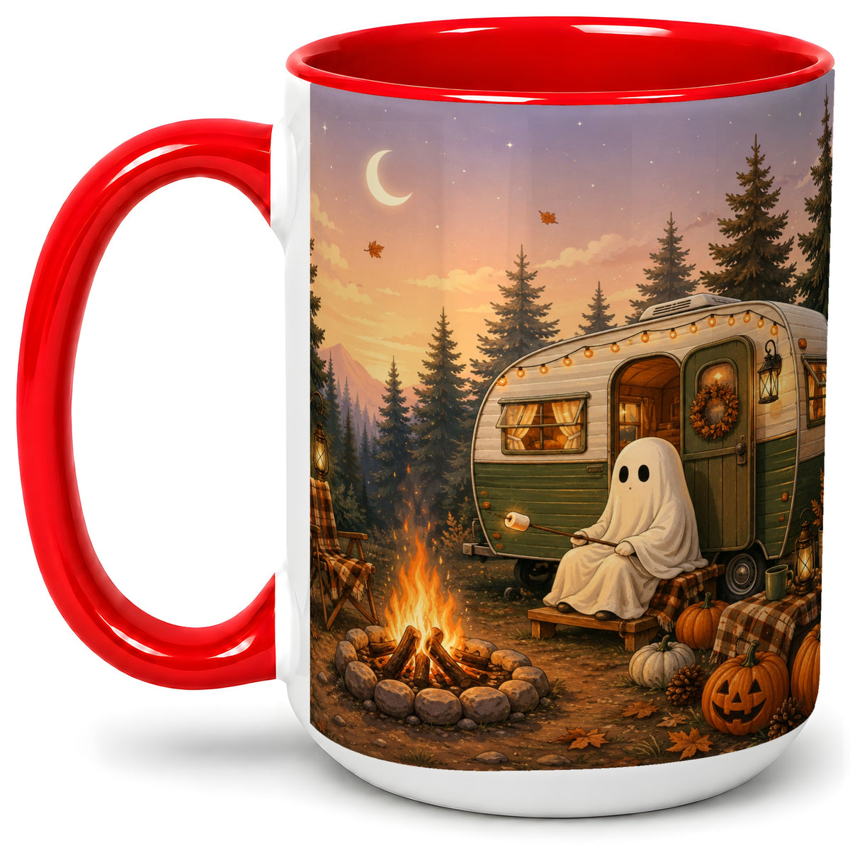 #pl[15oz|Red] Autumn Camping Ghost Ceramic Mug, Camper Campfire Art for Campers
