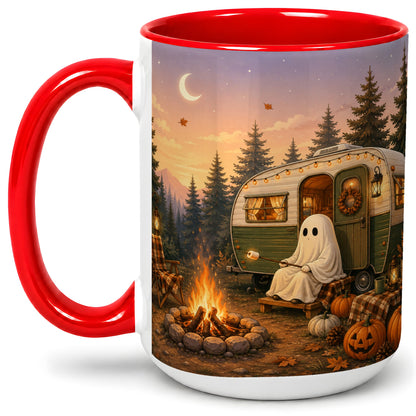#pl[15oz|Red] Autumn Camping Ghost Ceramic Mug, Camper Campfire Art for Campers