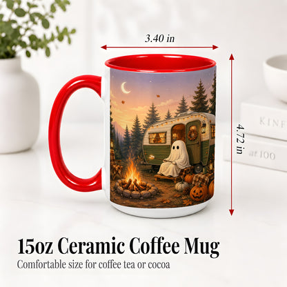 #pl[15oz|Red] Autumn Camping Ghost Ceramic Mug, Camper Campfire Art for Campers