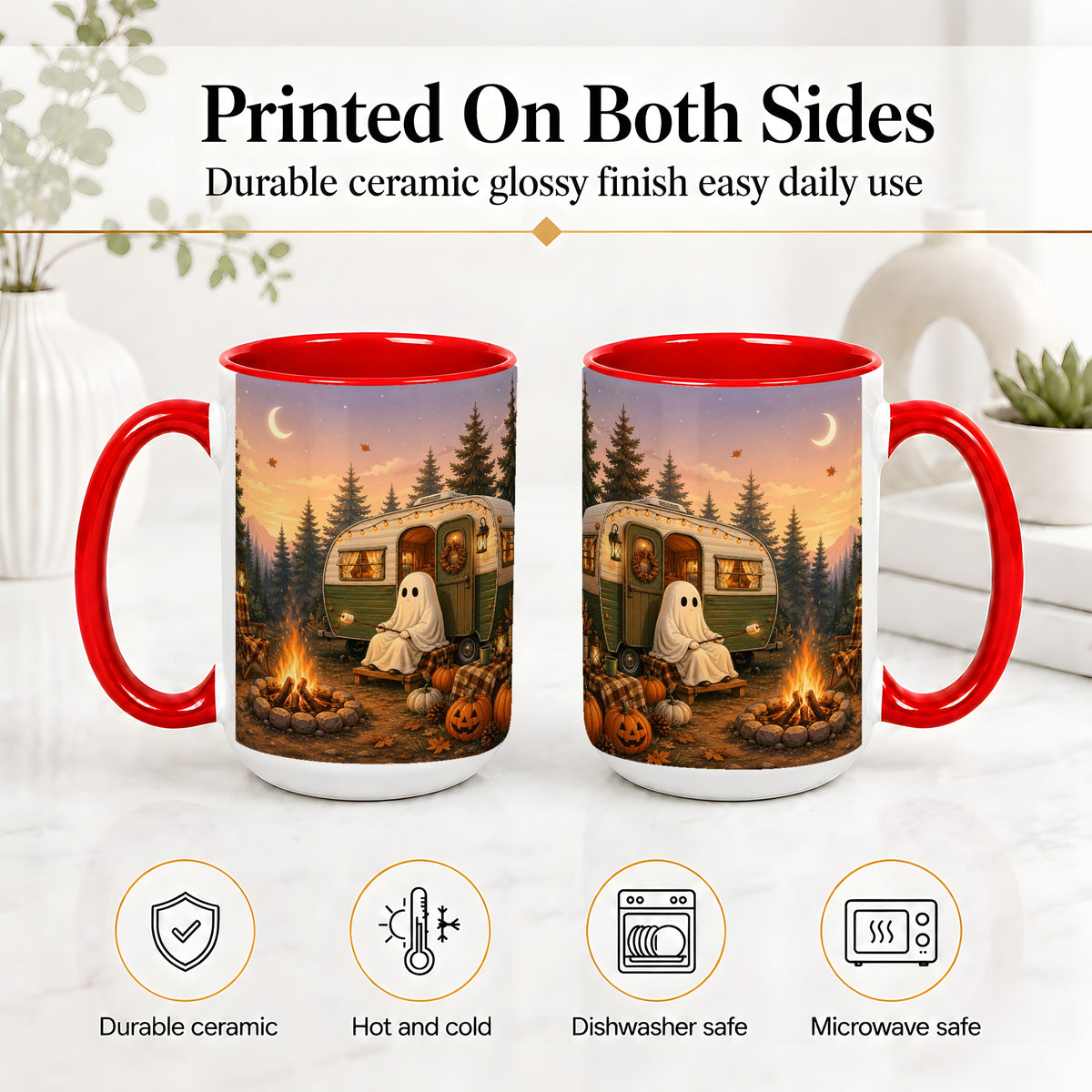 #pl[15oz|Red] Autumn Camping Ghost Ceramic Mug, Camper Campfire Art for Campers