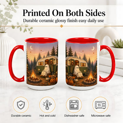 #pl[15oz|Red] Autumn Camping Ghost Ceramic Mug, Camper Campfire Art for Campers
