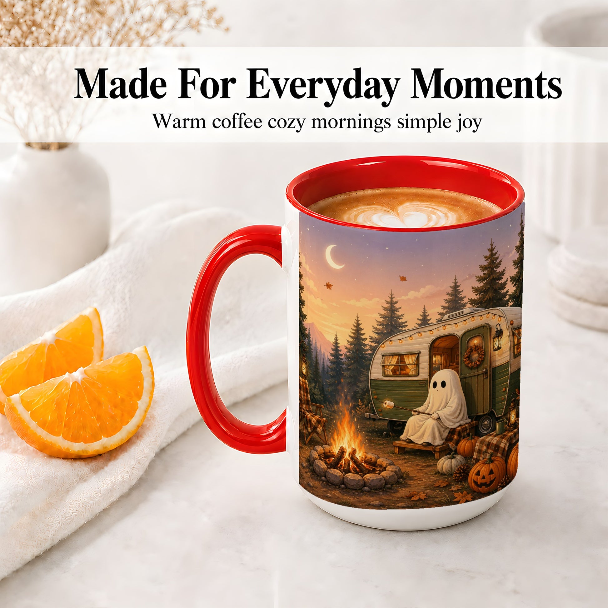 #pl[15oz|Red] Autumn Camping Ghost Ceramic Mug, Camper Campfire Art for Campers