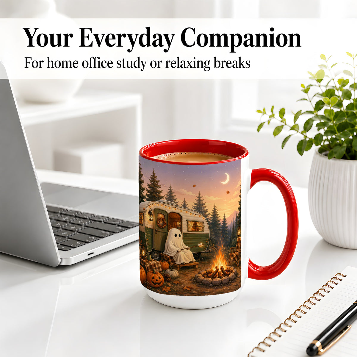 #pl[15oz|Red] Autumn Camping Ghost Ceramic Mug, Camper Campfire Art for Campers