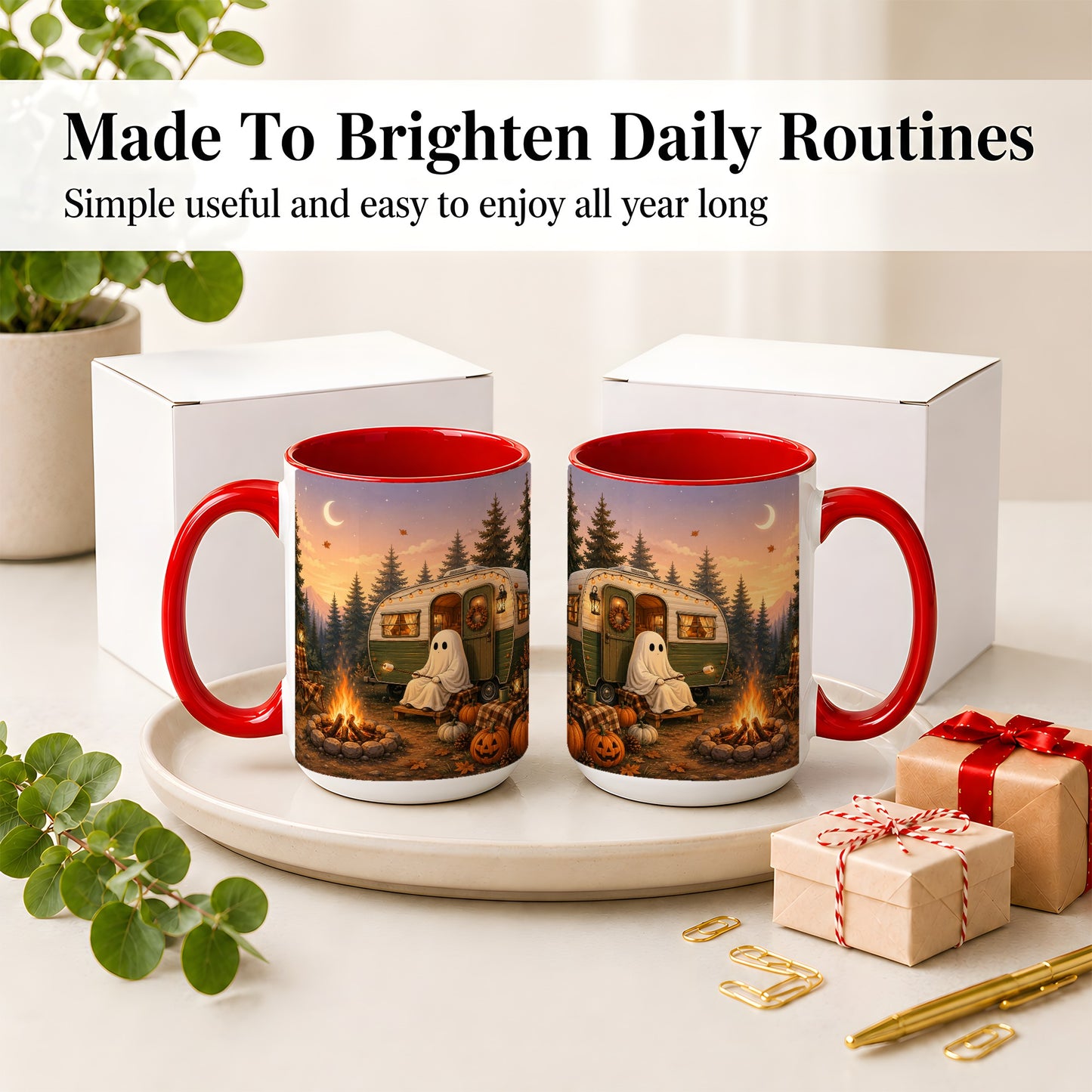 #pl[15oz|Red] Autumn Camping Ghost Ceramic Mug, Camper Campfire Art for Campers