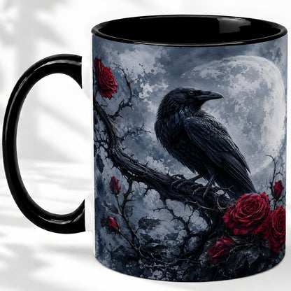 #pl[11oz|Black] Gothic Raven Rose Ceramic Mug, Full Moon Floral Art for Raven Fans