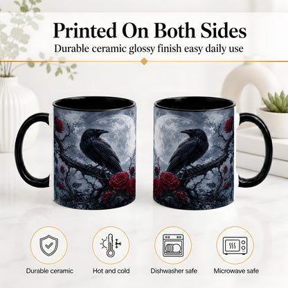 #pl[11oz|Black] Gothic Raven Rose Ceramic Mug, Full Moon Floral Art for Raven Fans