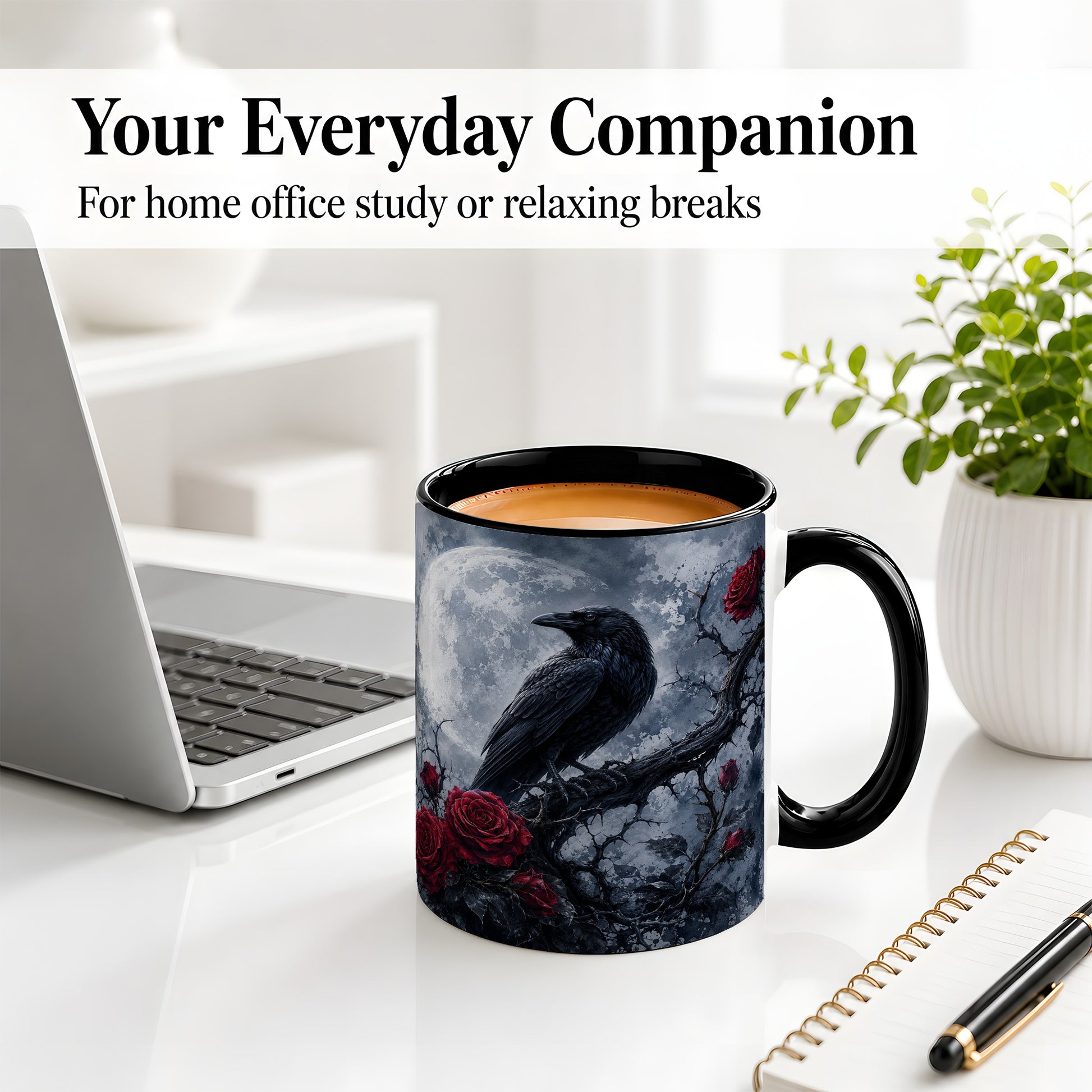 #pl[11oz|Black] Gothic Raven Rose Ceramic Mug, Full Moon Floral Art for Raven Fans