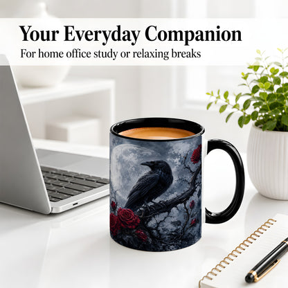 #pl[11oz|Black] Gothic Raven Rose Ceramic Mug, Full Moon Floral Art for Raven Fans
