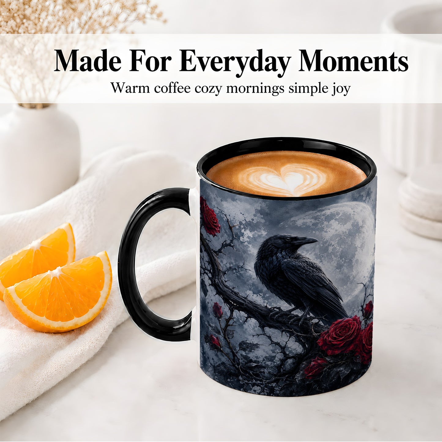 #pl[11oz|Black] Gothic Raven Rose Ceramic Mug, Full Moon Floral Art for Raven Fans