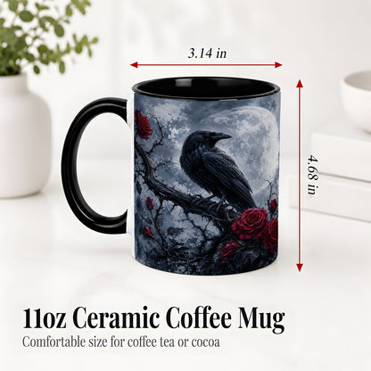#pl[11oz|Black] Gothic Raven Rose Ceramic Mug, Full Moon Floral Art for Raven Fans