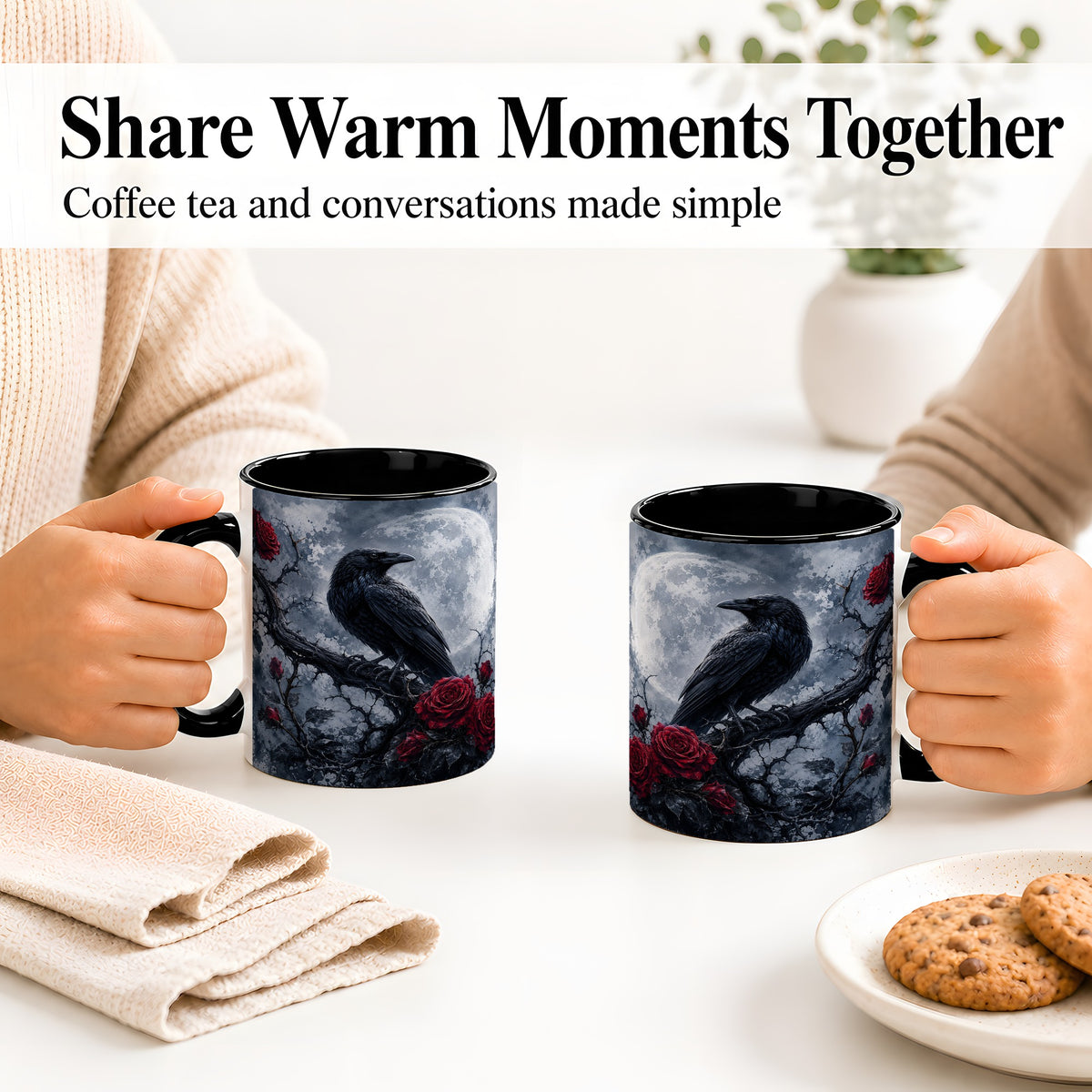 #pl[11oz|Black] Gothic Raven Rose Ceramic Mug, Full Moon Floral Art for Raven Fans