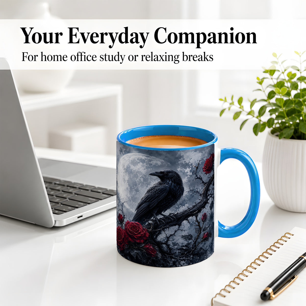 #pl[11oz|Blue] Gothic Raven Rose Ceramic Mug, Full Moon Floral Art for Raven Fans