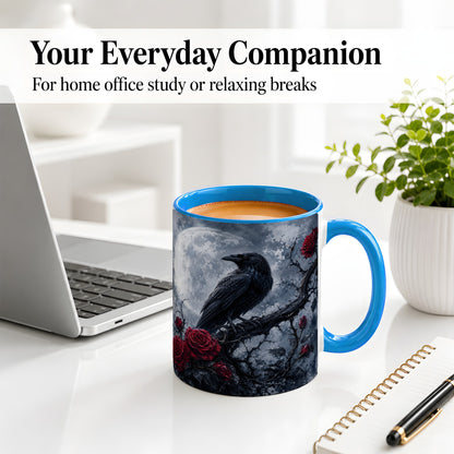 #pl[11oz|Blue] Gothic Raven Rose Ceramic Mug, Full Moon Floral Art for Raven Fans