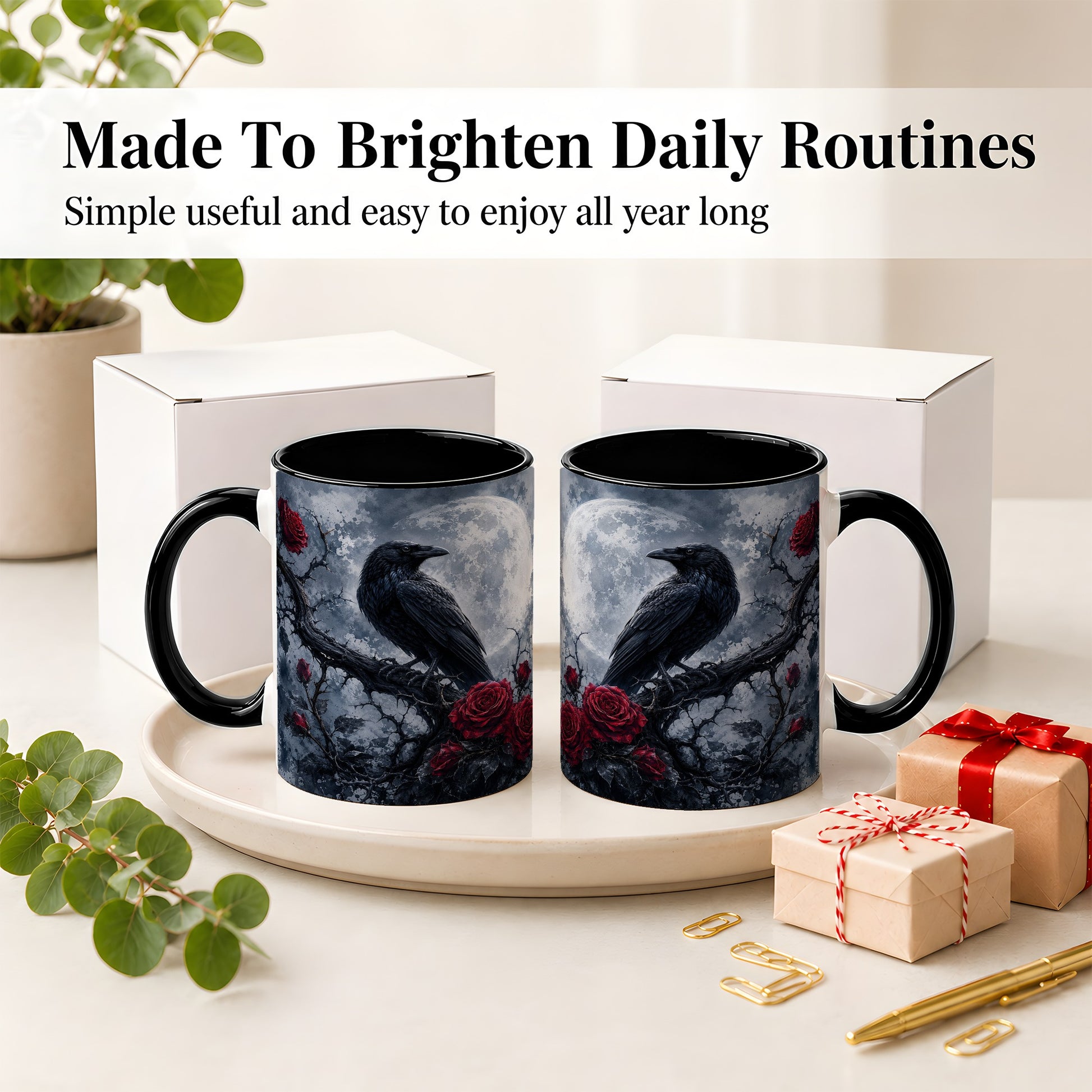 #pl[11oz|Black] Gothic Raven Rose Ceramic Mug, Full Moon Floral Art for Raven Fans