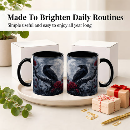 #pl[11oz|Black] Gothic Raven Rose Ceramic Mug, Full Moon Floral Art for Raven Fans