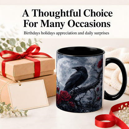 #pl[11oz|Black] Gothic Raven Rose Ceramic Mug, Full Moon Floral Art for Raven Fans