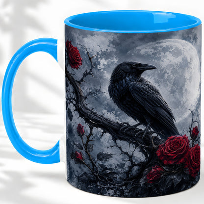 #pl[11oz|Blue] Gothic Raven Rose Ceramic Mug, Full Moon Floral Art for Raven Fans