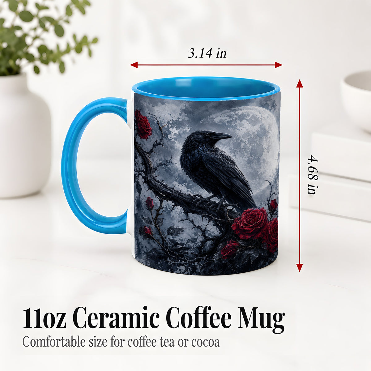 #pl[11oz|Blue] Gothic Raven Rose Ceramic Mug, Full Moon Floral Art for Raven Fans