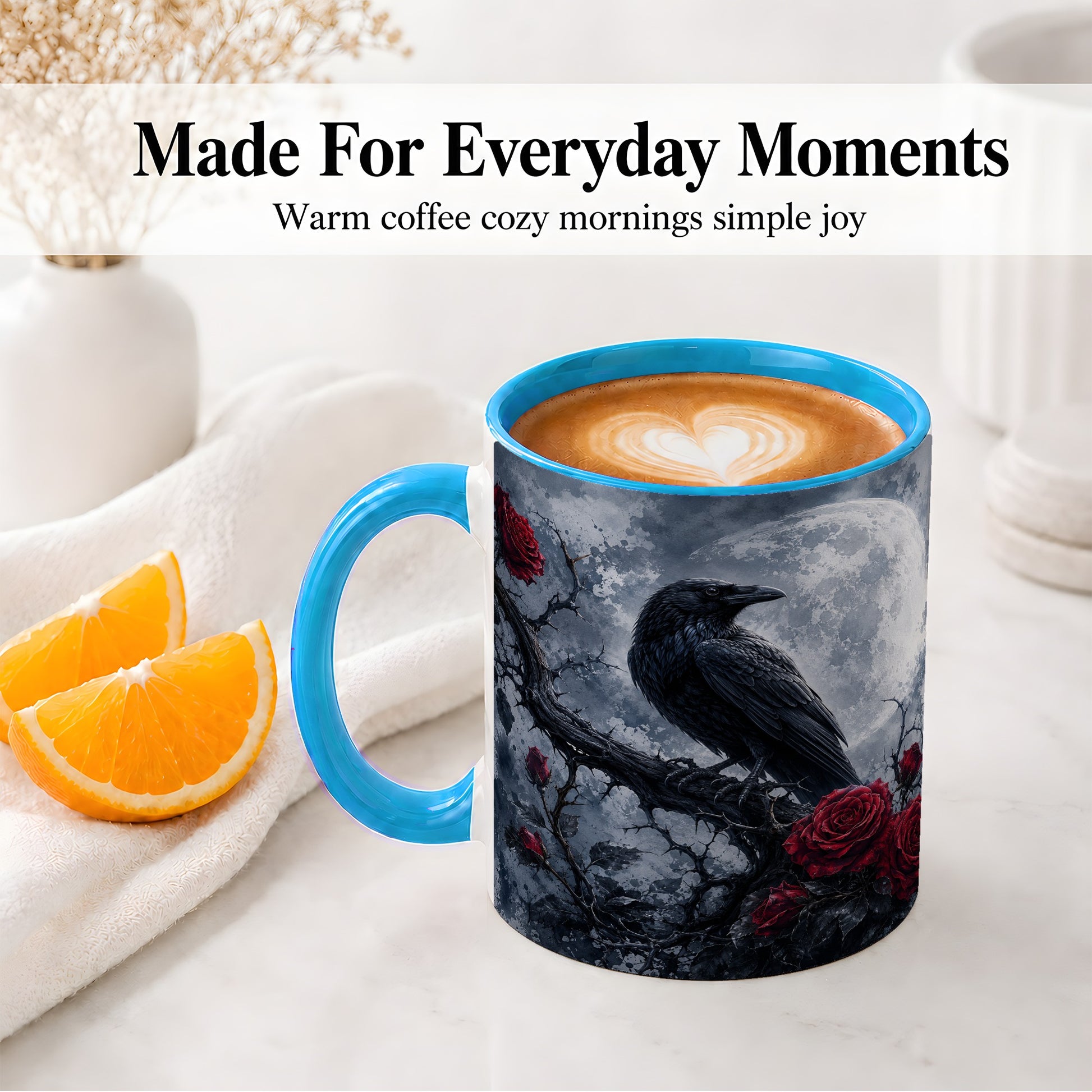 #pl[11oz|Blue] Gothic Raven Rose Ceramic Mug, Full Moon Floral Art for Raven Fans
