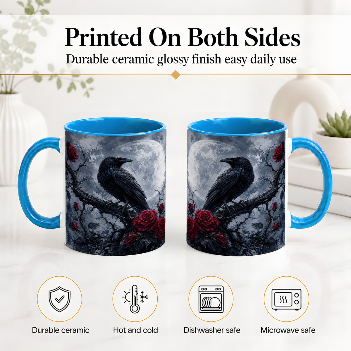 #pl[11oz|Blue] Gothic Raven Rose Ceramic Mug, Full Moon Floral Art for Raven Fans