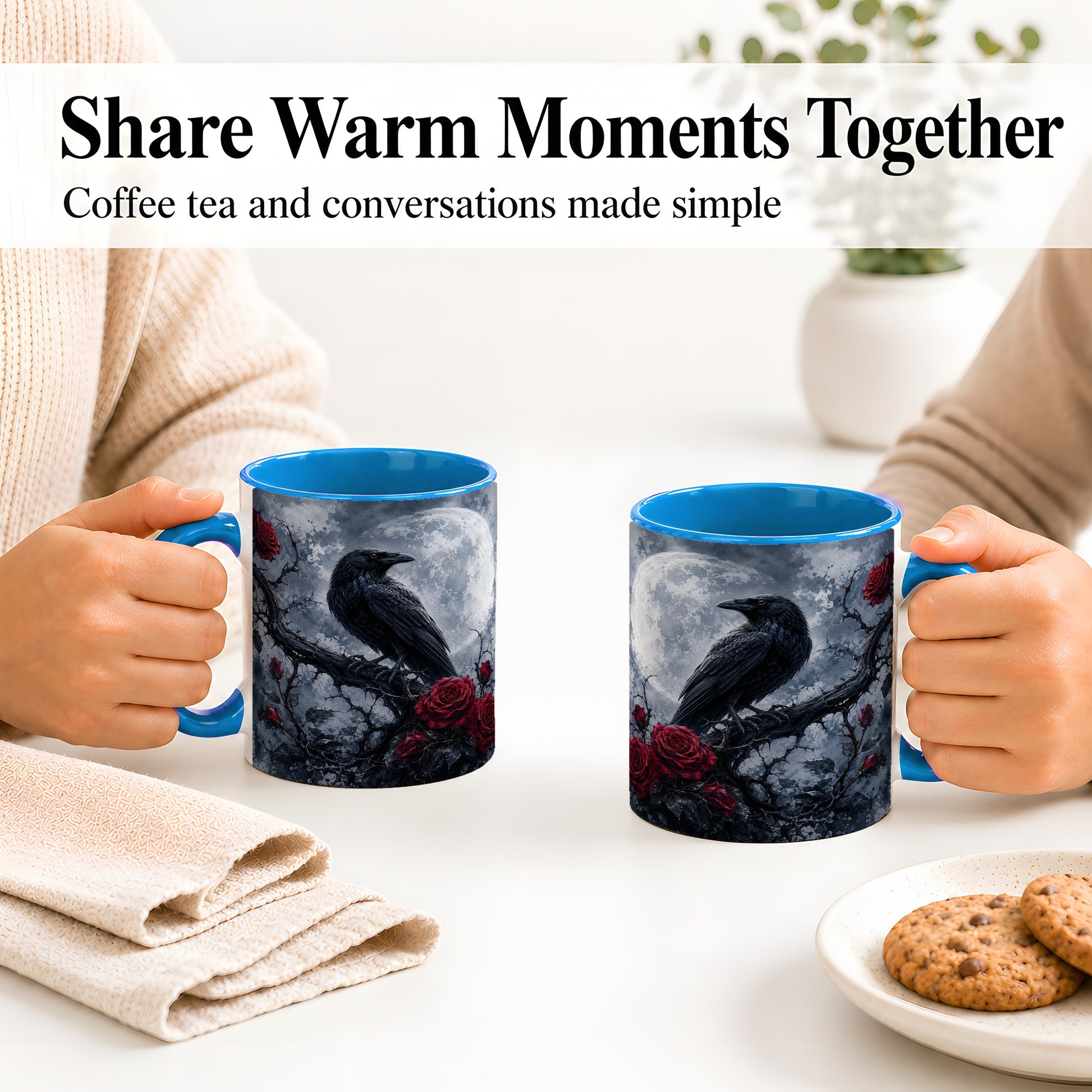 #pl[11oz|Blue] Gothic Raven Rose Ceramic Mug, Full Moon Floral Art for Raven Fans