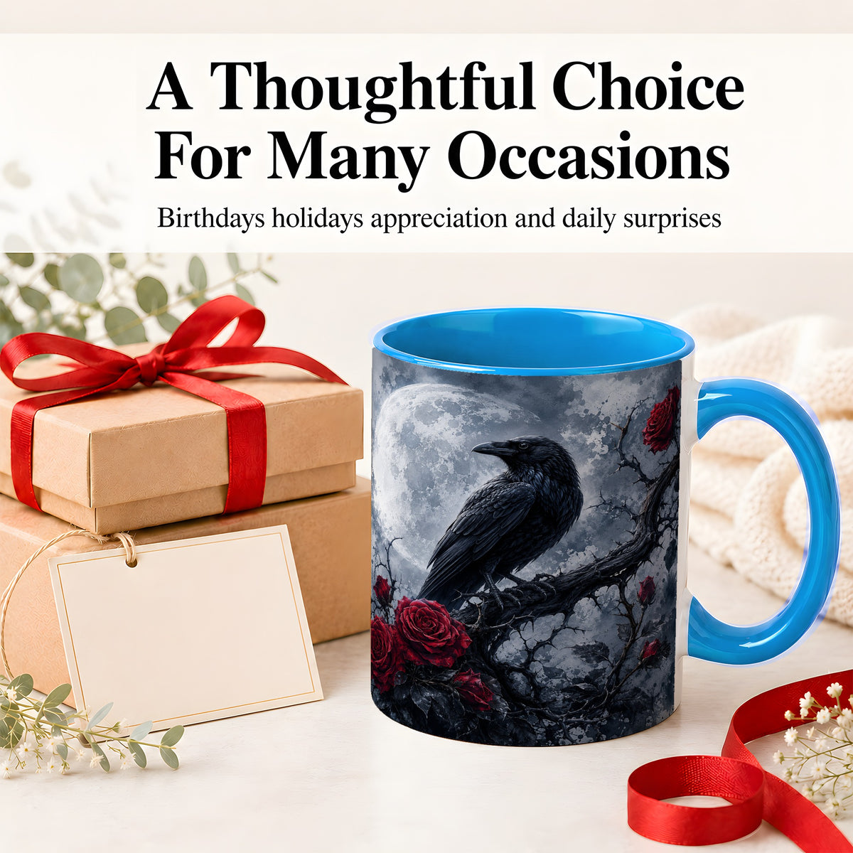 #pl[11oz|Blue] Gothic Raven Rose Ceramic Mug, Full Moon Floral Art for Raven Fans