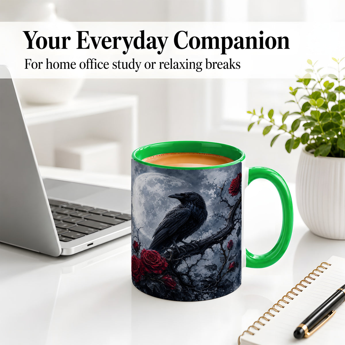 #pl[11oz|Green] Gothic Raven Rose Ceramic Mug, Full Moon Floral Art for Raven Fans