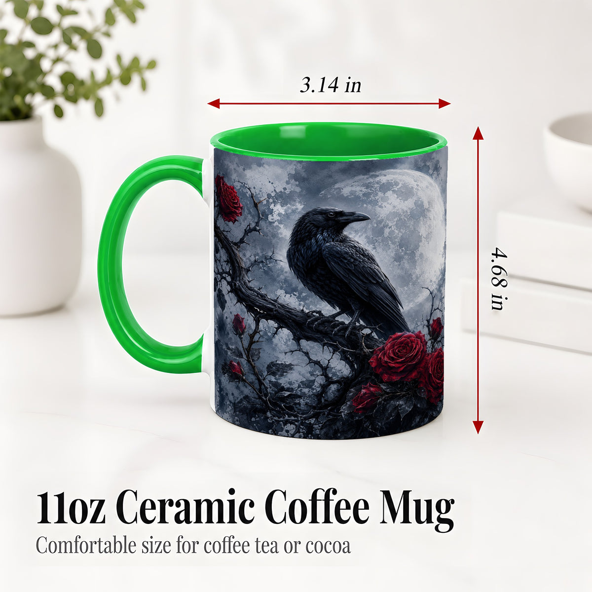 #pl[11oz|Green] Gothic Raven Rose Ceramic Mug, Full Moon Floral Art for Raven Fans