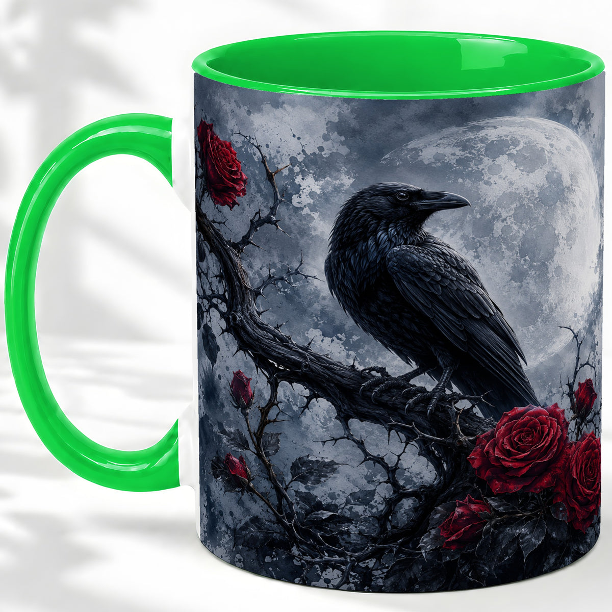 #pl[11oz|Green] Gothic Raven Rose Ceramic Mug, Full Moon Floral Art for Raven Fans