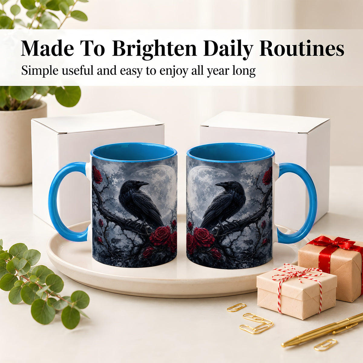 #pl[11oz|Blue] Gothic Raven Rose Ceramic Mug, Full Moon Floral Art for Raven Fans