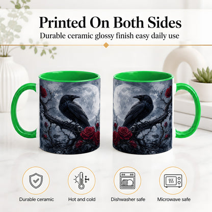 #pl[11oz|Green] Gothic Raven Rose Ceramic Mug, Full Moon Floral Art for Raven Fans