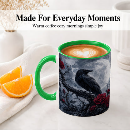 #pl[11oz|Green] Gothic Raven Rose Ceramic Mug, Full Moon Floral Art for Raven Fans