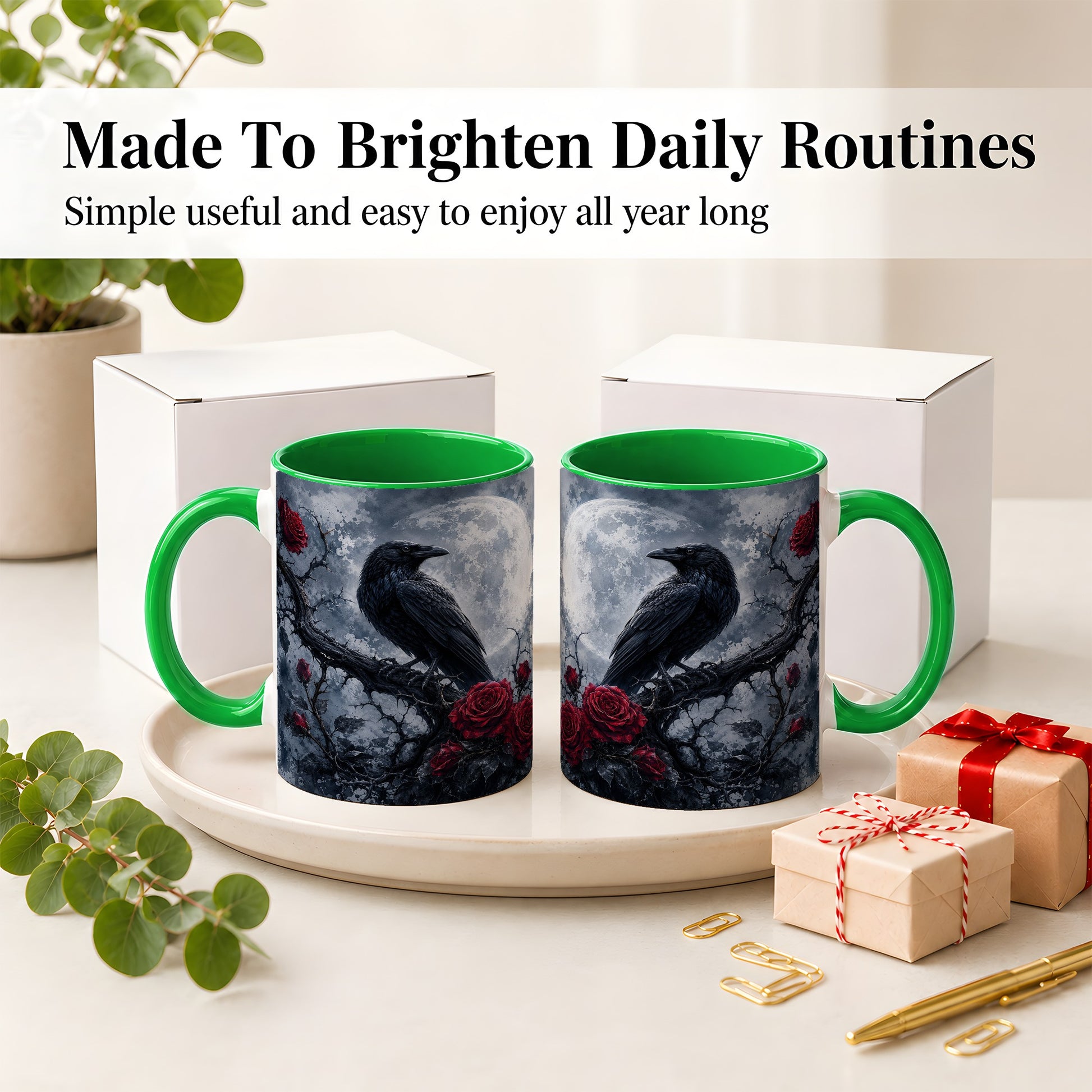 #pl[11oz|Green] Gothic Raven Rose Ceramic Mug, Full Moon Floral Art for Raven Fans