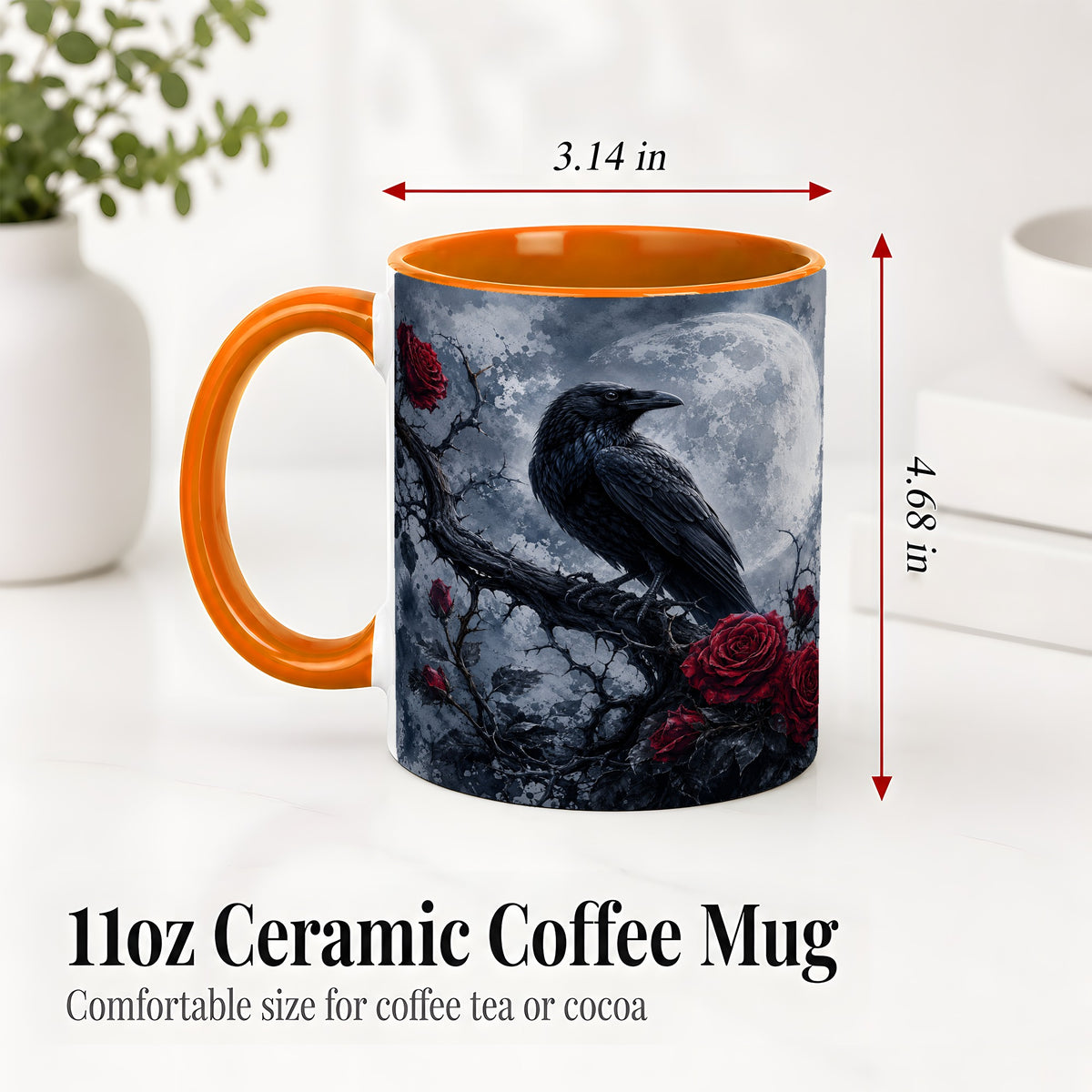 #pl[11oz|Orange] Gothic Raven Rose Ceramic Mug, Full Moon Floral Art for Raven Fans