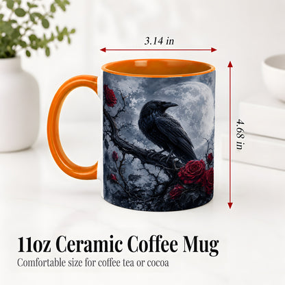 #pl[11oz|Orange] Gothic Raven Rose Ceramic Mug, Full Moon Floral Art for Raven Fans