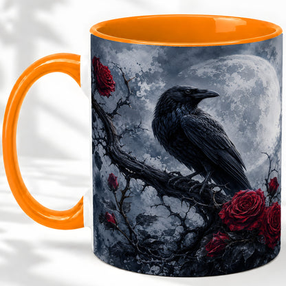 #pl[11oz|Orange] Gothic Raven Rose Ceramic Mug, Full Moon Floral Art for Raven Fans