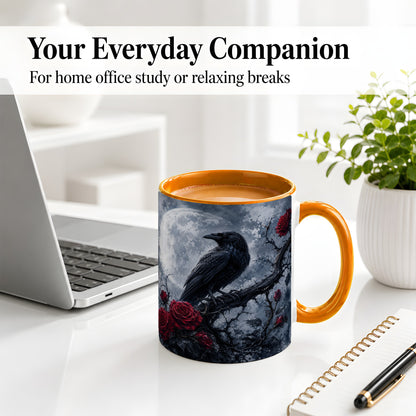 #pl[11oz|Orange] Gothic Raven Rose Ceramic Mug, Full Moon Floral Art for Raven Fans
