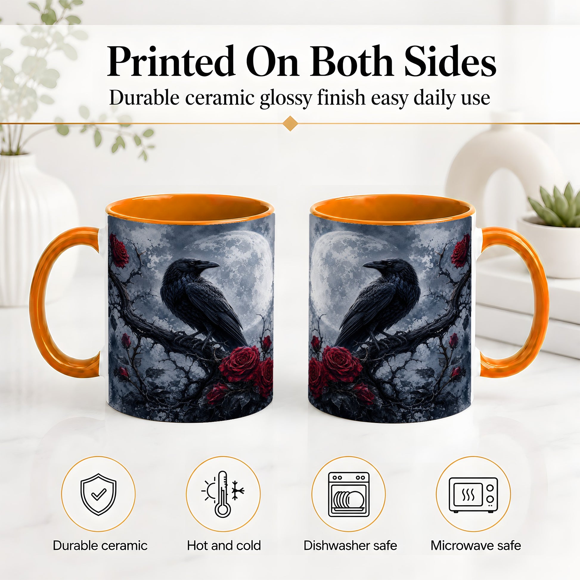 #pl[11oz|Orange] Gothic Raven Rose Ceramic Mug, Full Moon Floral Art for Raven Fans
