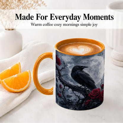 #pl[11oz|Orange] Gothic Raven Rose Ceramic Mug, Full Moon Floral Art for Raven Fans
