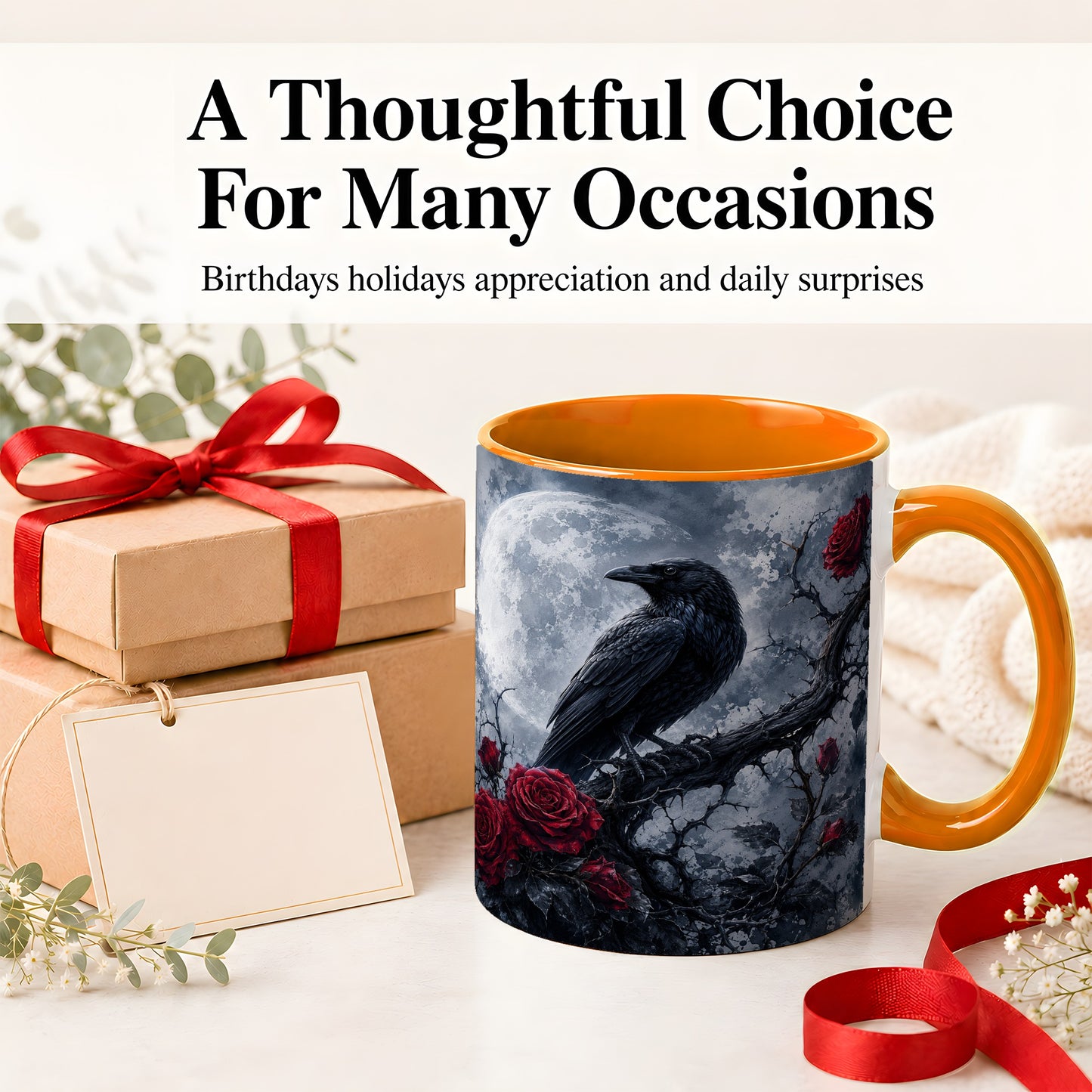 #pl[11oz|Orange] Gothic Raven Rose Ceramic Mug, Full Moon Floral Art for Raven Fans