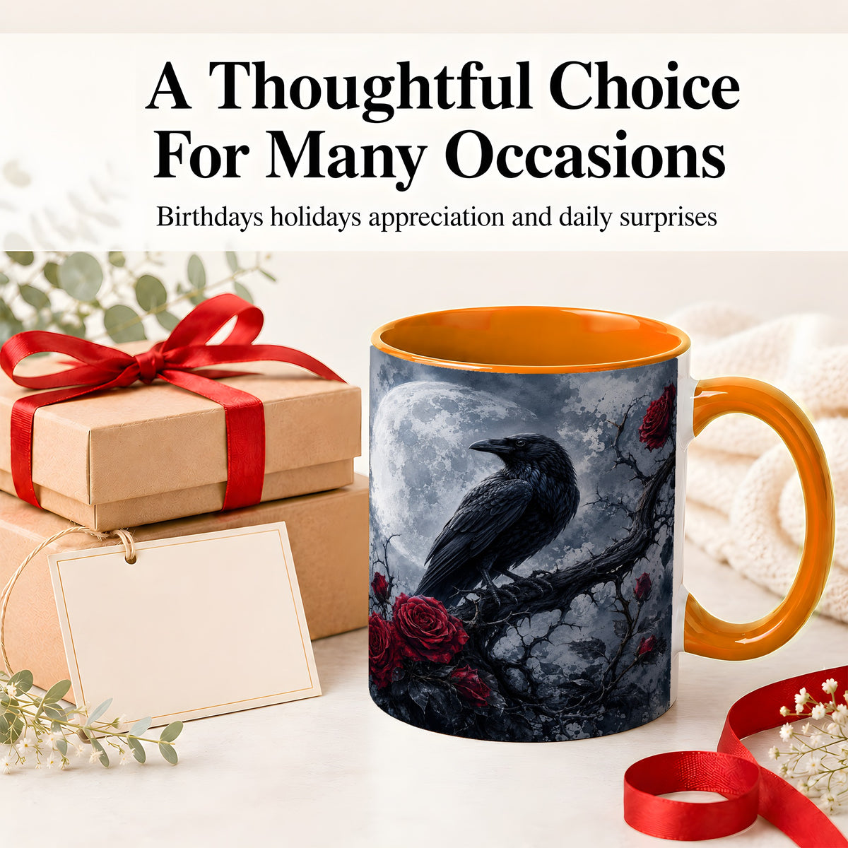 #pl[11oz|Orange] Gothic Raven Rose Ceramic Mug, Full Moon Floral Art for Raven Fans