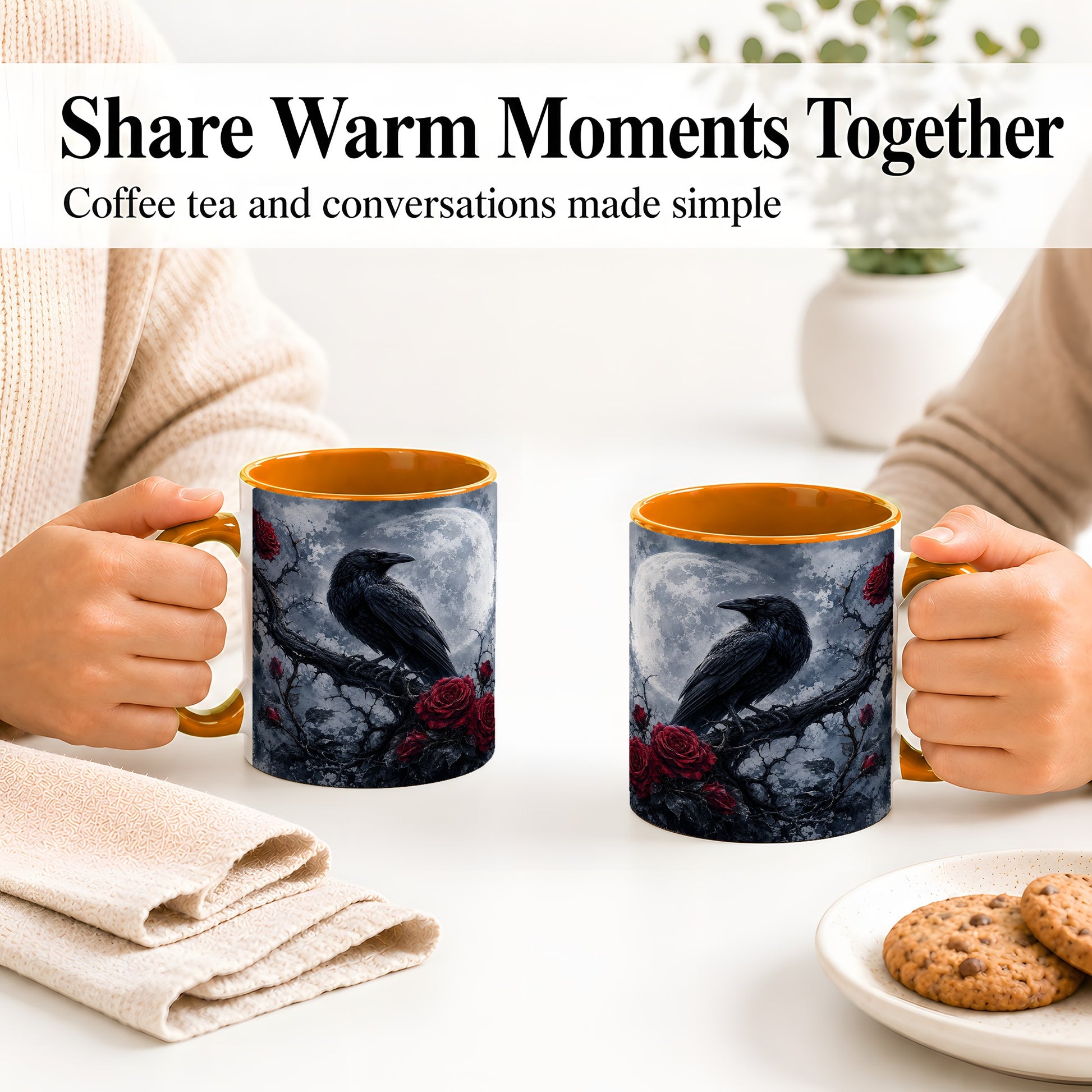 #pl[11oz|Orange] Gothic Raven Rose Ceramic Mug, Full Moon Floral Art for Raven Fans