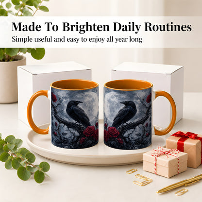 #pl[11oz|Orange] Gothic Raven Rose Ceramic Mug, Full Moon Floral Art for Raven Fans