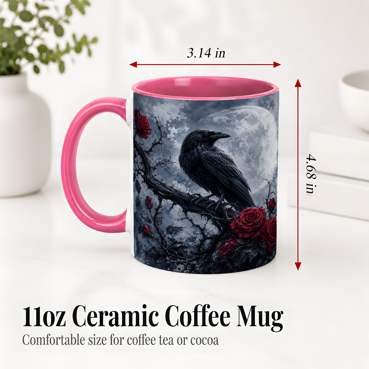 #pl[11oz|Pink] Gothic Raven Rose Ceramic Mug, Full Moon Floral Art for Raven Fans