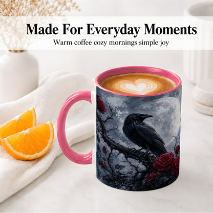 #pl[11oz|Pink] Gothic Raven Rose Ceramic Mug, Full Moon Floral Art for Raven Fans